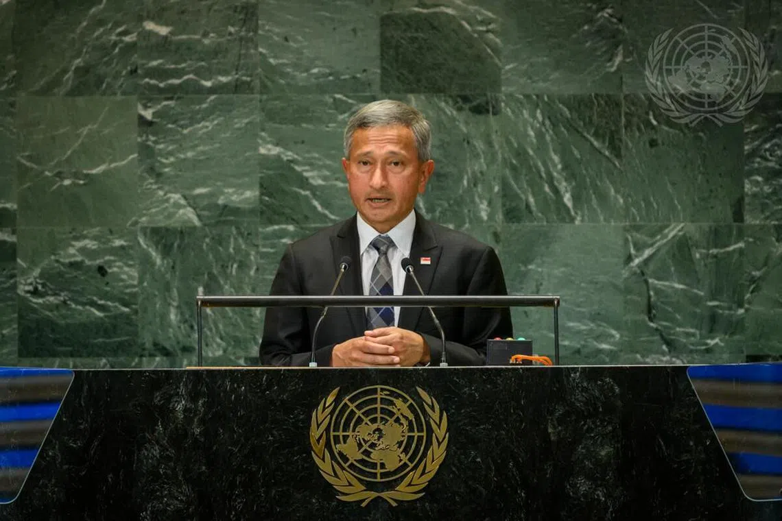 Dr Vivian Balakrishnan, Minister for Foreign Affairs of the Republic of Singapore, addresses the Summit of the Future in New York on Sept 23, 2024. 