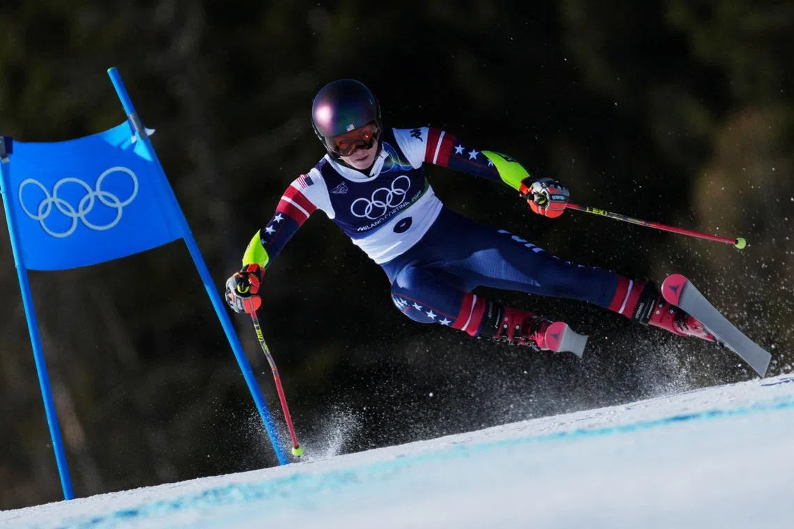 Milano Cortina 2026 Olympics - Alpine Skiing - Women's Giant Slalom Run 2 - Tofane Alpine Skiing Centre, Belluno, Italy - February 15, 2026. Mikaela Shiffrin of United States in action during her second run of the Women's Giant Slalom REUTERS/Aleksandra Szmigiel