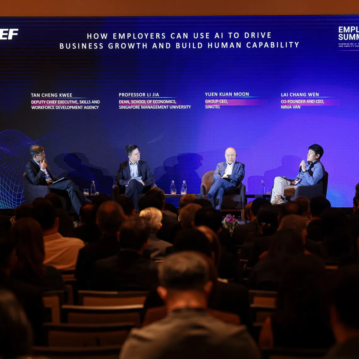 (From left) Skills and Workforce Development Agency deputy chief executive Tan Cheng Kwee; Dr Li Jia, Dean of School of Economics at SMU; Singtel group CEO Yuen Kuan Moon; and SNEF council member and Ninja Van CEO Lai Chang Wen at the SNEF Employers’ Summit 2026.