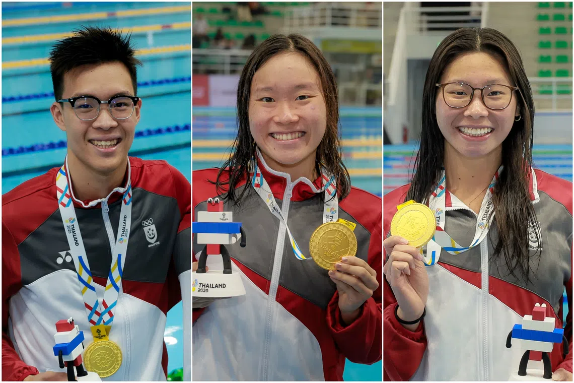 (From left) Mikkel Lee, Gan Ching Hwee and Letitia Sim won the men’s 50m freestyle, women’s 200m freestyle and women’s 200m individual medley respectively at SEA Games 2025.