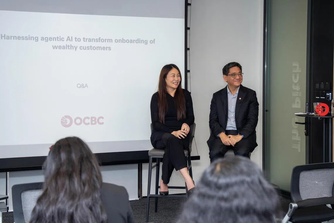 Head of group legal and compliance at OCBC Loretta Yuen (left) and BOS chief executive Jason Moo at the media launch of agentic AI platform HELIOS on July 29.
