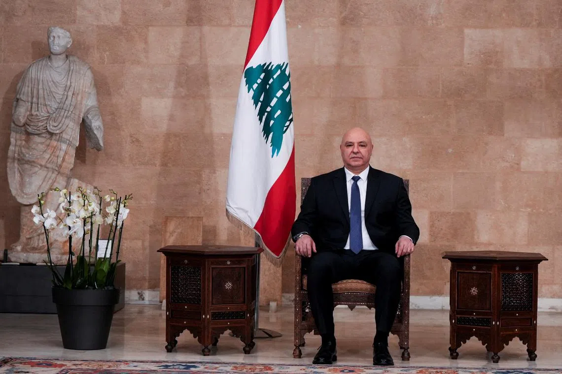 FILE PHOTO: Lebanon's army chief Joseph Aoun sits at the presidential palace, after he was elected as the country's President, in Baabda, Lebanon, January 9, 2025. REUTERS/Mohammed Yassin/File Photo