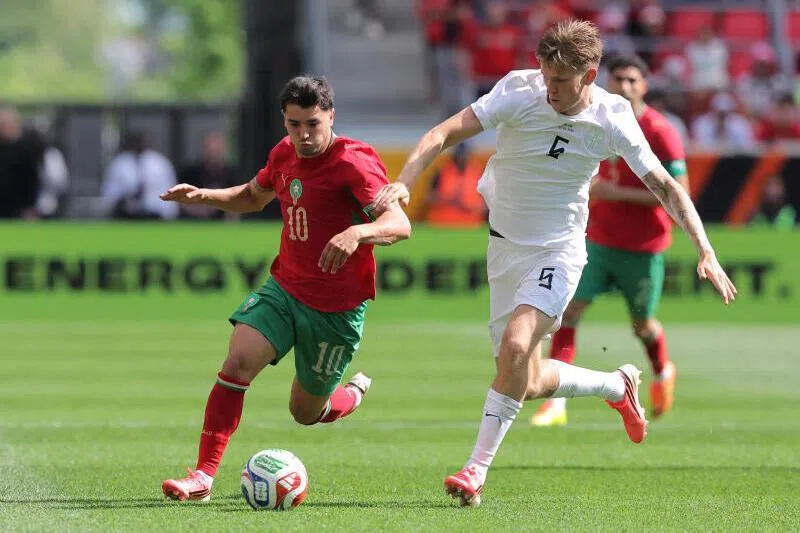 Morocco's Brahim Diaz in action with Norway's David Moller Wolfe during the match in Harrison, New Jersey.