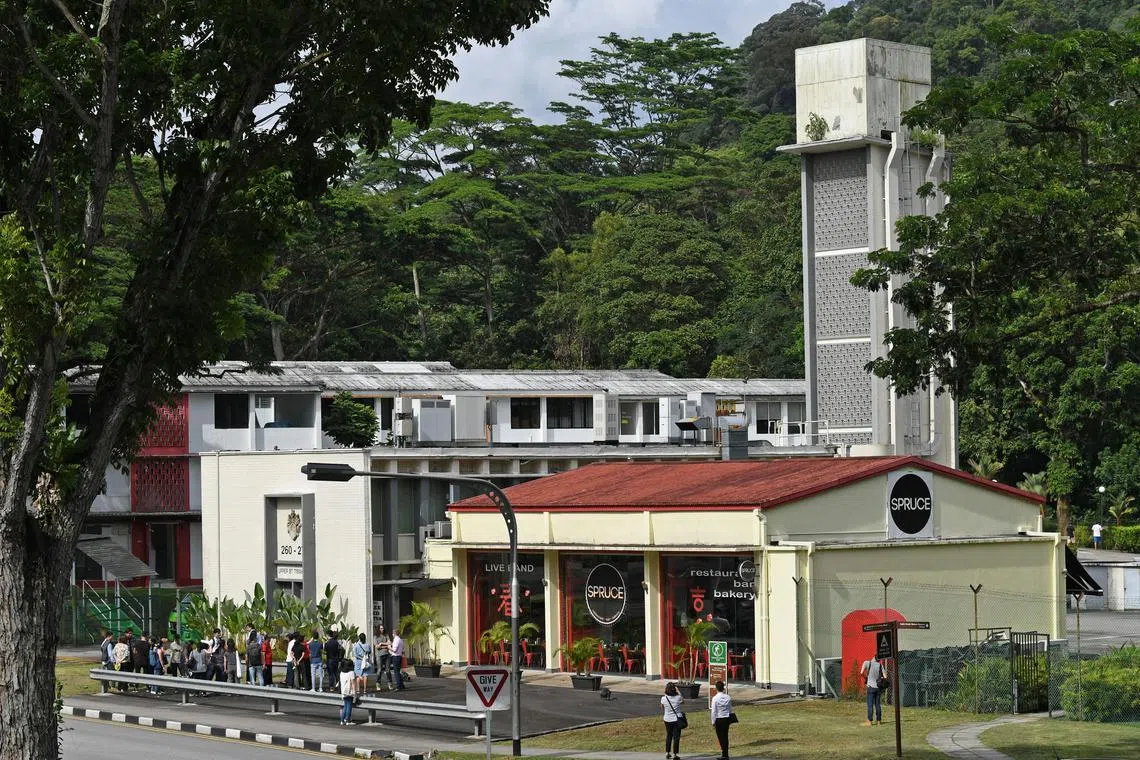 The recently conserved 1956 Bukit Timah Fire Station houses Spruce the restaurant, taken on 15 Jan 2020.