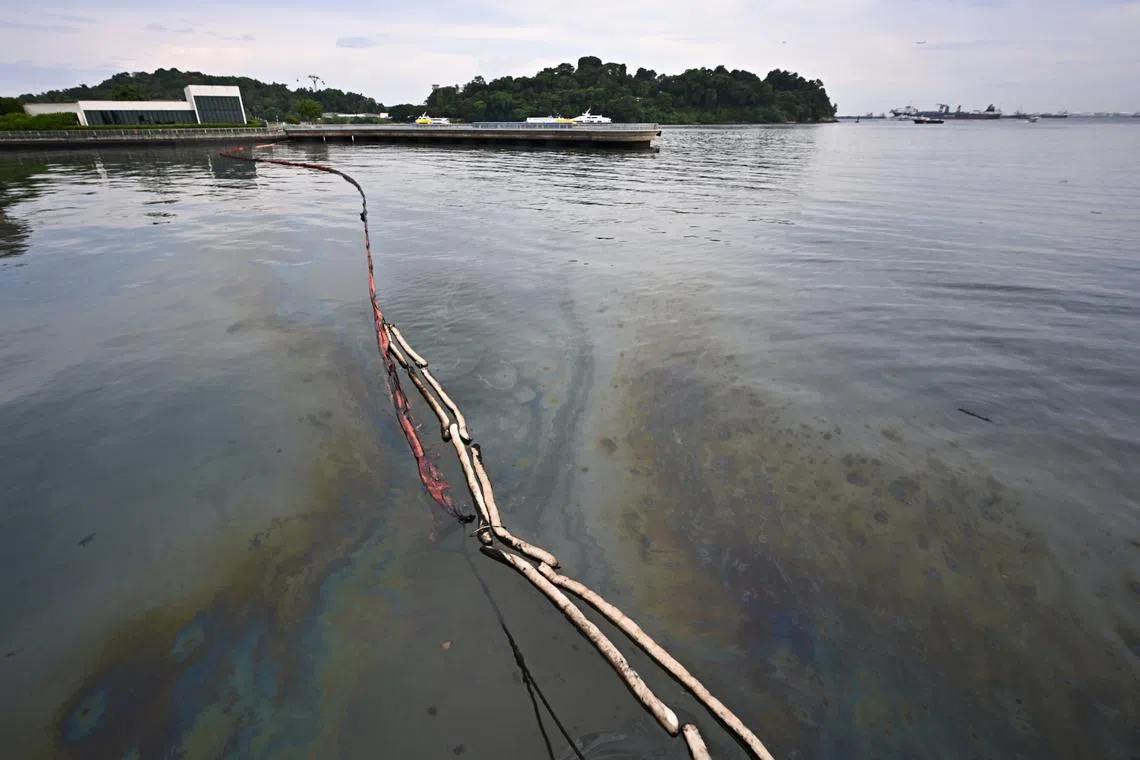 Oil booms separating Marina at Keppel Bay (left) and the sea on June 18.