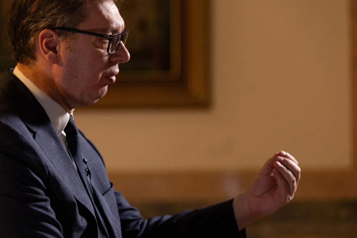 Serbian President Aleksandar Vucic speaks during an interview with Reuters in Belgrade, Serbia, February 4, 2026. REUTERS/Djordje Kojadinovic