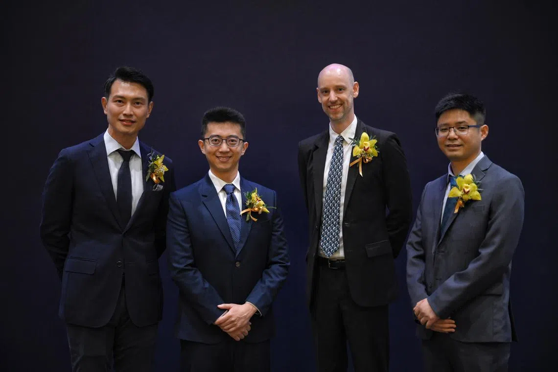 From left, Young Scientist Award winners Dr Daniel Ting, Dr Li Qianxiao, Dr Jonathan Goke and Dr Lu Jiong at the 2024 President’s Science and Technology Awards ceremony.