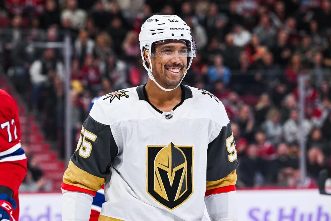 FILE PHOTO: Nov 23, 2024; Montreal, Quebec, CAN; Las Vegas Golden Knights right wing Keegan Kolesar (55) looks on against the Montreal Canadiens during the first period at Bell Centre. Mandatory Credit: David Kirouac-Imagn Images/File Photo