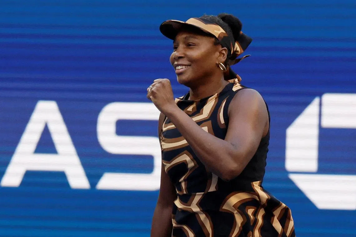 Tennis - U.S. Open - Flushing Meadows, New York, United States - September 1, 2025 Venus Williams of the U.S. celebrates winning the first set during the round gf 16 match with Canada's Leylah Fernandez against Russia's Ekaterina Alexandrova and China's Shuai Zhang. REUTERS/Eduardo Munoz