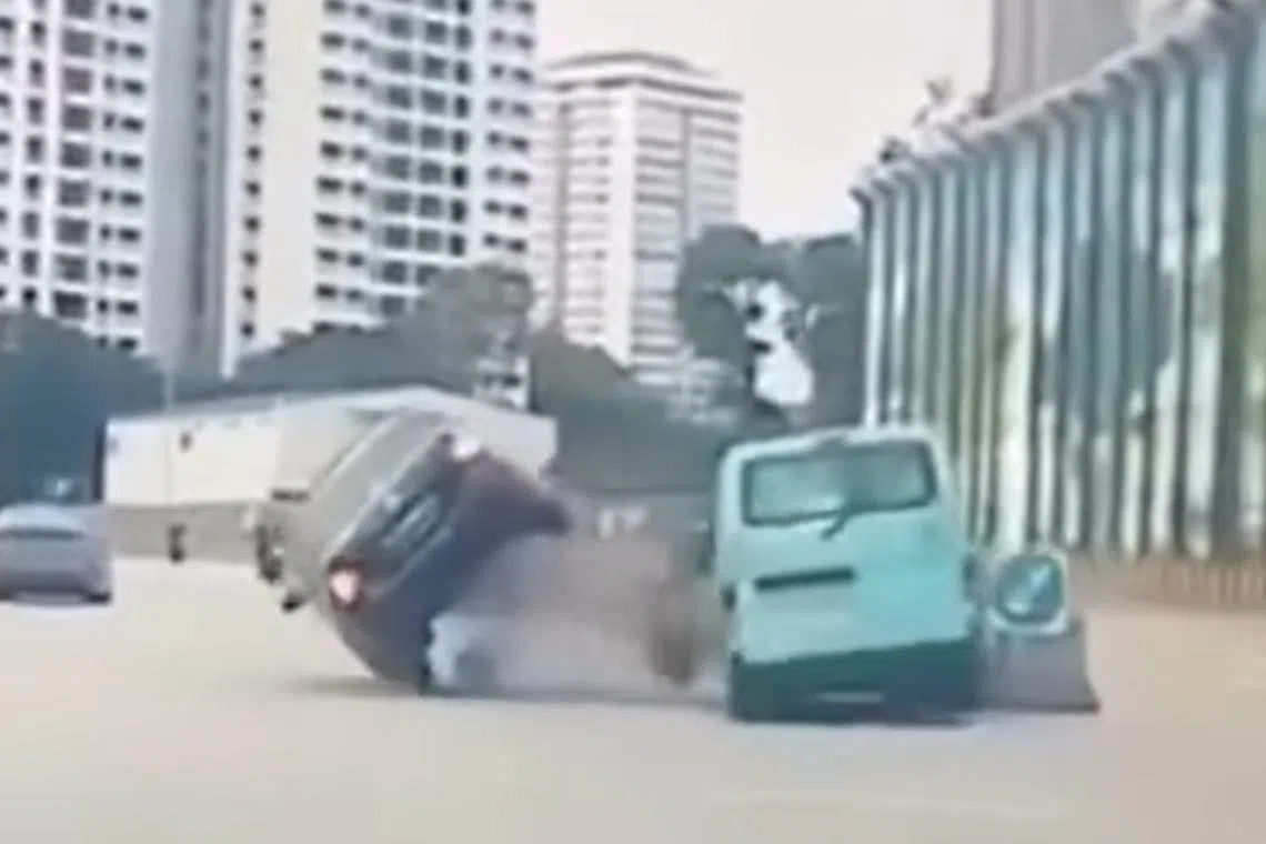In a video posted on Facebook, the van and the car can be seen colliding on their sides, with the car nearly overturning.