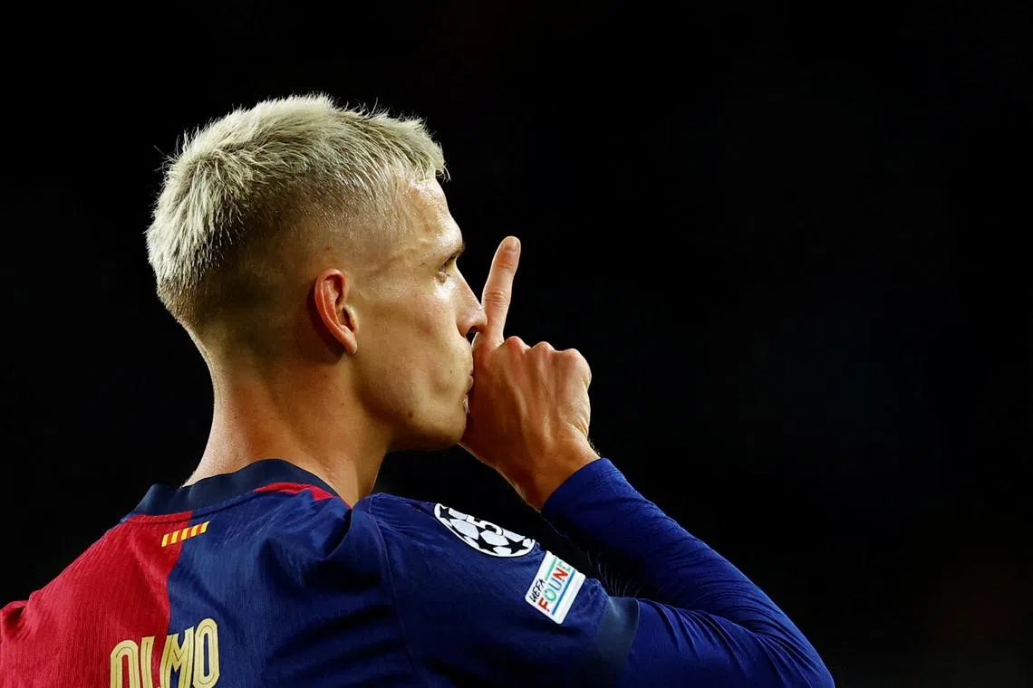 Soccer Football - Champions League - FC Barcelona v Brest - Estadi Olimpic Lluis Companys, Barcelona, Spain - November 26, 2024 FC Barcelona's Dani Olmo celebrates scoring their second goal REUTERS/Albert Gea/File Photo