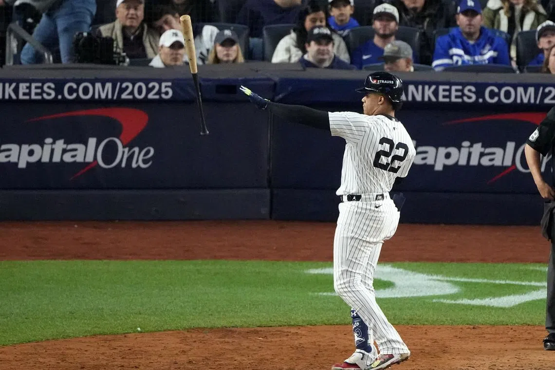 Oct 29, 2024; Bronx, New York, USA; New York Yankees outfielder Juan Soto (22) reacts after a strike out against the Los Angeles Dodgers in the sixth inning during game four of the 2024 MLB World Series at Yankee Stadium. Robert Deutsch-Imagn Images/File Photo