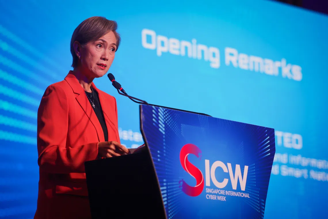 Minister for Digital Development and Information Josephine Teo speaking at the Singapore International Cyber Week 2026 on Oct 14.