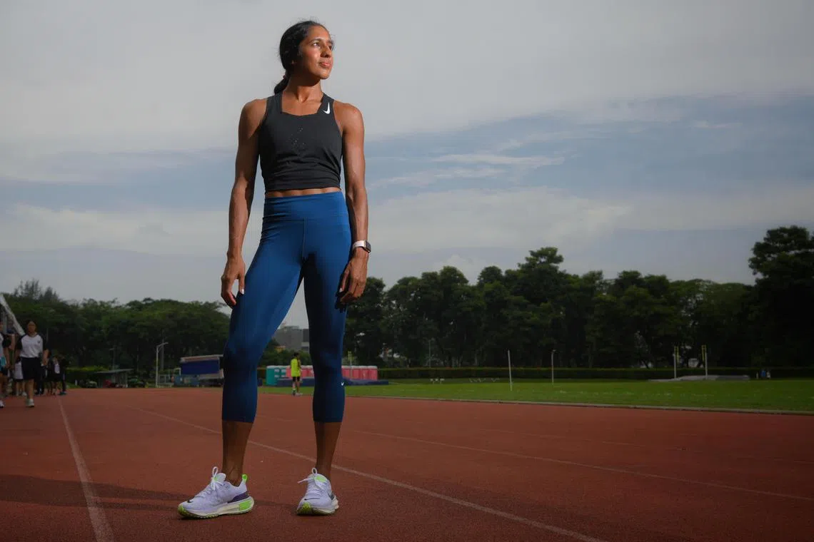 Short distance runner Shanti Pereira picture at the Kallang Practice Track on April 6, 2023. For ST's Athlete of the Year.
