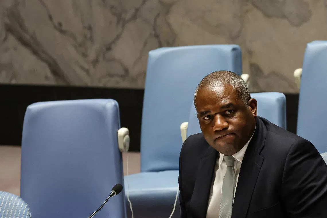 FILE PHOTO: Britain's Foreign Secretary David Lammy attends the UN Security Council meeting on the situation in Gaza, at U.N. headquarters in New York City, U.S., November 18, 2024.  REUTERS/Brendan McDermid/File Photo