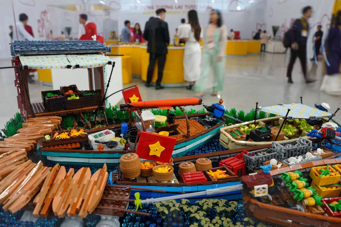 Models of Vietnamese boat are seen during the inauguration of the Lego factory in Binh Duong Province.