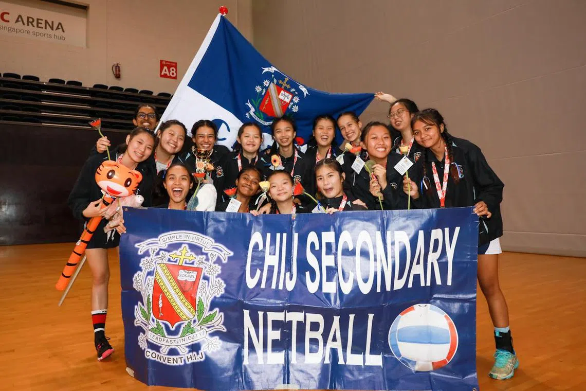 The CHIJ Secondary (Toa Payoh) netball team after winning the National School Games B Division girls’ netball finals, held at the OCBC Arena on April 26, 2023.