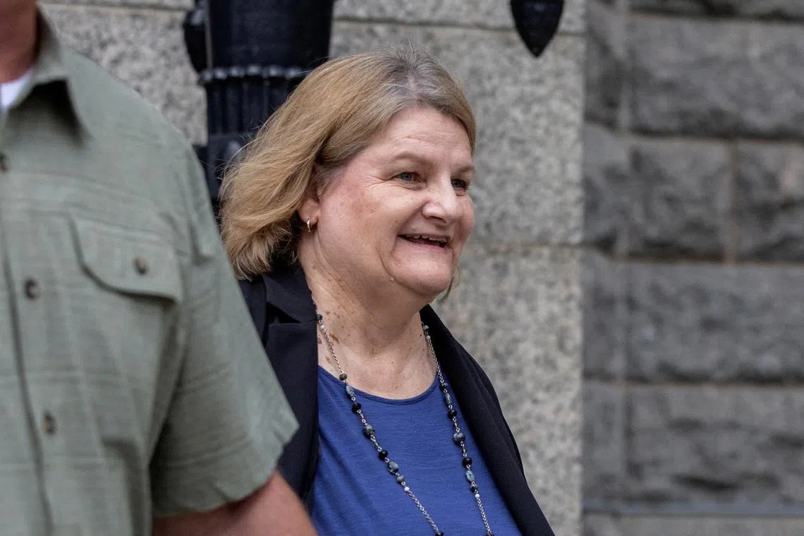 FILE PHOTO: Milwaukee County Judge Hannah Dugan, charged with obstructing an immigration arrest, leaves after appearing in court, in Milwaukee, Wisconsin, U.S. May 15, 2025.  REUTERS/Jim Vondruska/File Photo