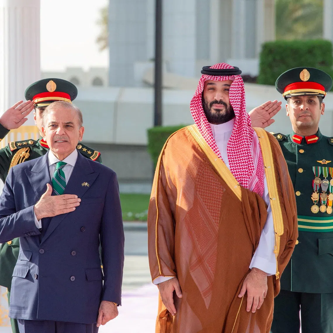 Saudi Crown Prince Mohammed bin Salman and Pakistan Prime Minister Shehbaz Sharif meet in Riyadh, Saudi Arabia, September 17, 2025. Saudi Press Agency/Handout via REUTERS