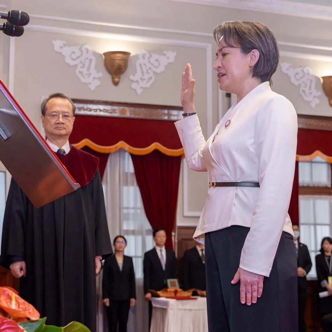 Taiwan's vice-president-elect Hsiao Bi-khim takes her oath during the inauguration ceremony at the Presidential Office Building in Taipei.