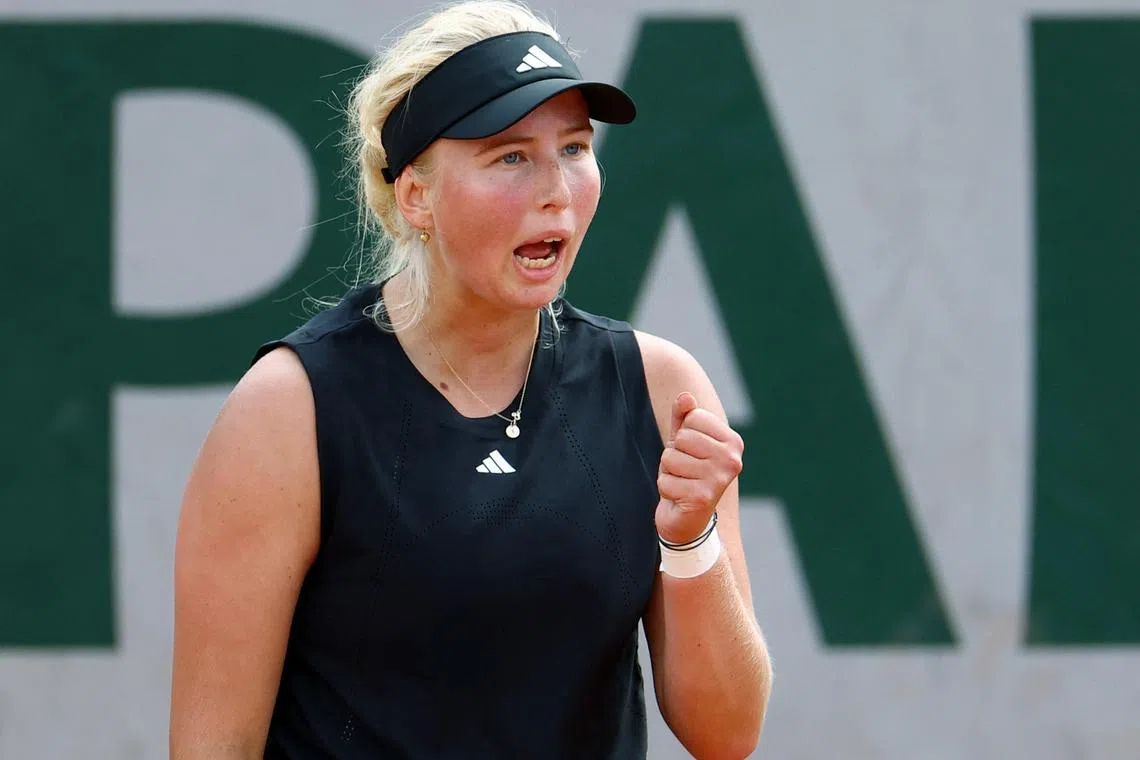 FILE PHOTO: Tennis - French Open - Roland Garros, Paris, France - May 28, 2025, Denmark's Clara Tauson reacts during her second-round match against Netherlands' Arantxa Rus REUTERS/Lisi Niesner/File Photo