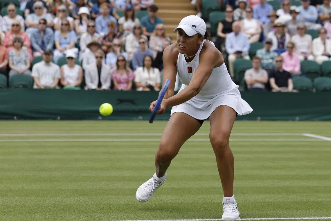 FILE PHOTO: Tennis - Wimbledon - All England Lawn Tennis and Croquet Club, London, Britain - July 2, 2025 Madison Keys of the U.S. in action during her second round match against Serbia's Olga Danilovic REUTERS/Stephanie Lecocq/File Photo