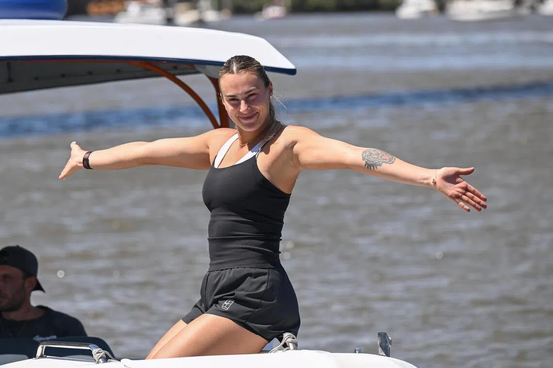 Belarusian tennis player Aryna Sabalenka cruising the Brisbane River ahead of the Brisbane International at the City Botanic Gardens River Hub in Brisbane, Queensland, Australia, on Jan 1, 2026.