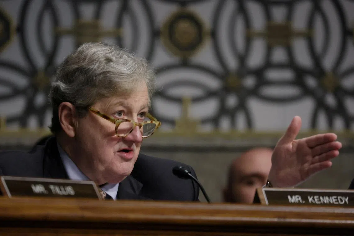 FILE PHOTO: U.S. Senator John Kennedy (R-LA) asks questions at a Senate Banking, Housing and Urban Affairs Committee hearing  in the Dirksen Senate Office Building in Washington, U.S., May 16, 2023. REUTERS/Leah Millis/File Photo