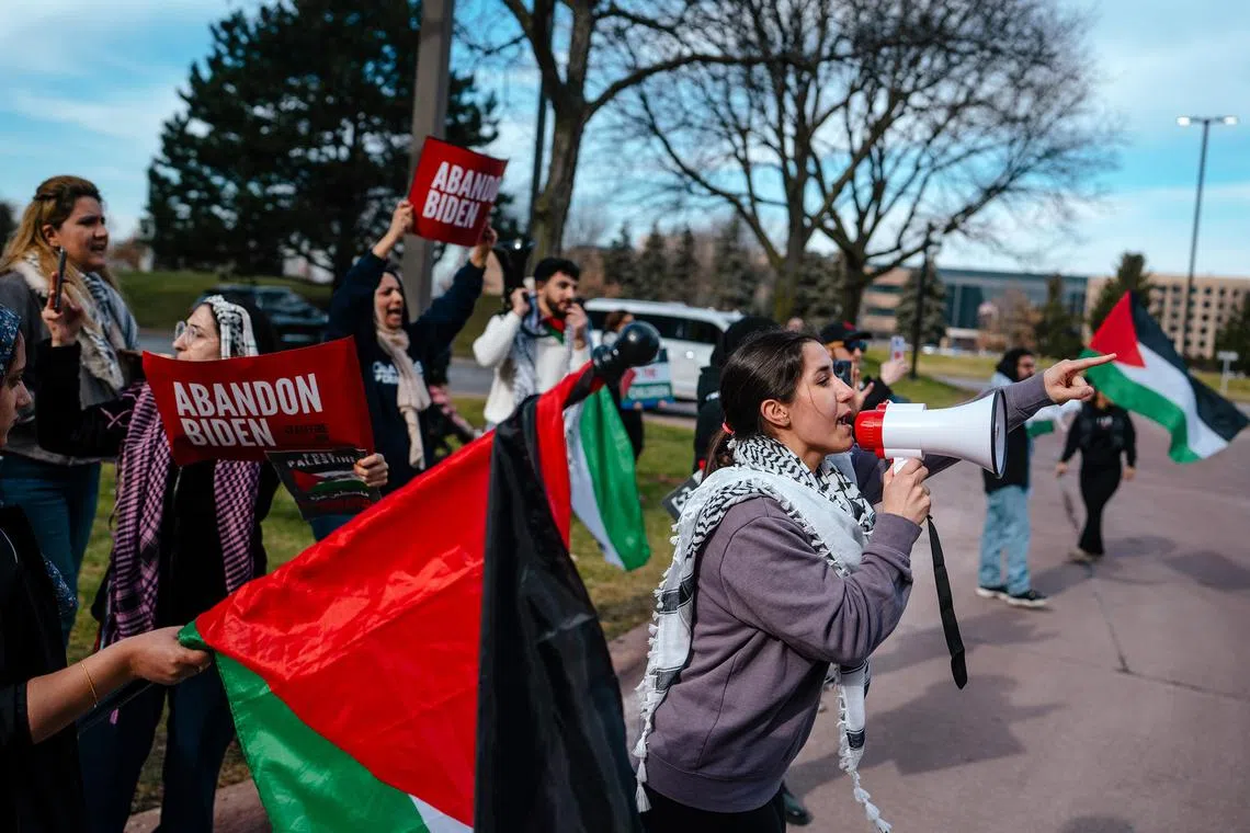 FILE Ñ Palestinian supporters protest outside a meeting of Biden administration officials with leaders in MichiganÕs Arab American community, in Dearborn, Mich., Feb. 8, 2024. Vice President Kamala Harris has not strayed from President Biden on Israel policy, but she has taken a stronger tone on the suffering of Palestinians. (Nick Hagen/The New York Times)

