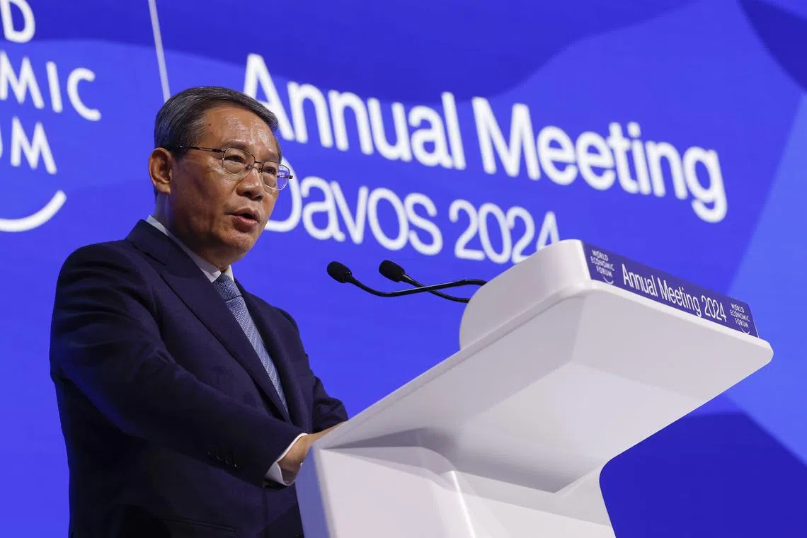 Mr Li Qiang, China's premier, delivering a special address on the opening day of the World Economic Forum (WEF) in Davos, Switzerland, on Jan. 16, 2024. 