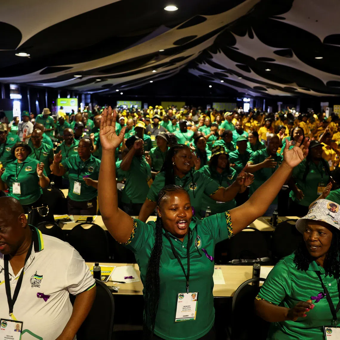 African National Congress delegates sing during the African National Congress' 5th National General Council at the Birchwood Hotel and Conference Centre in Boksburg, east of Johannesburg, South Africa, December 8, 2025. REUTERS/Siphiwe Sibeko
