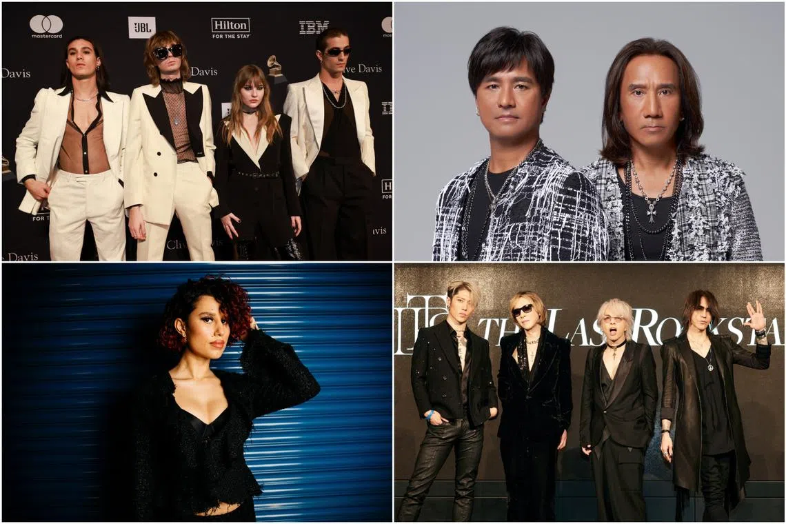 (Clockwise from top left) Italian rock quartet Maneskin, duo Power Station, British singer Raye and The Last Rockstars.