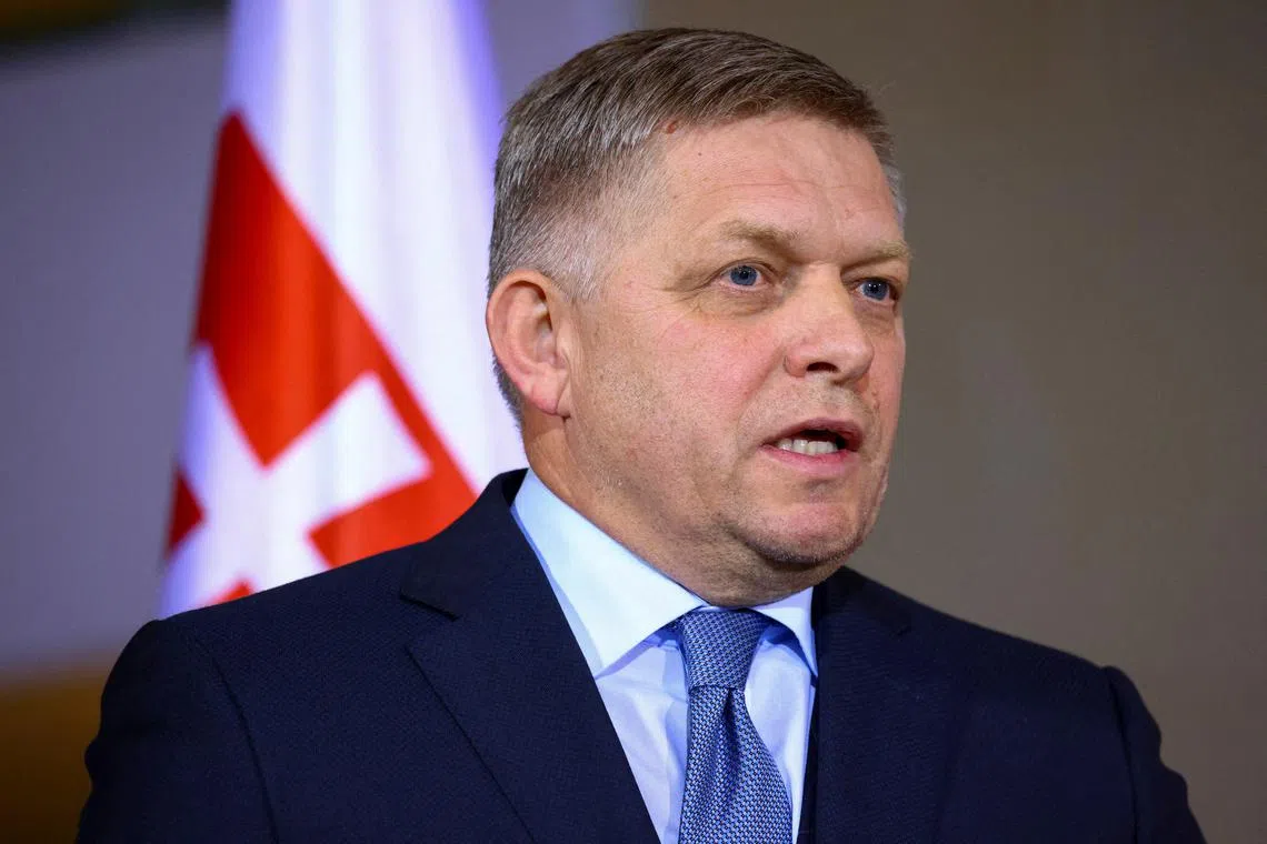FILE PHOTO: Slovakia's Prime Minister Robert Fico speaks during a press conference with German Chancellor Olaf Scholz in Berlin, Germany, January 24, 2024. REUTERS/Nadja Wohlleben/File Photo