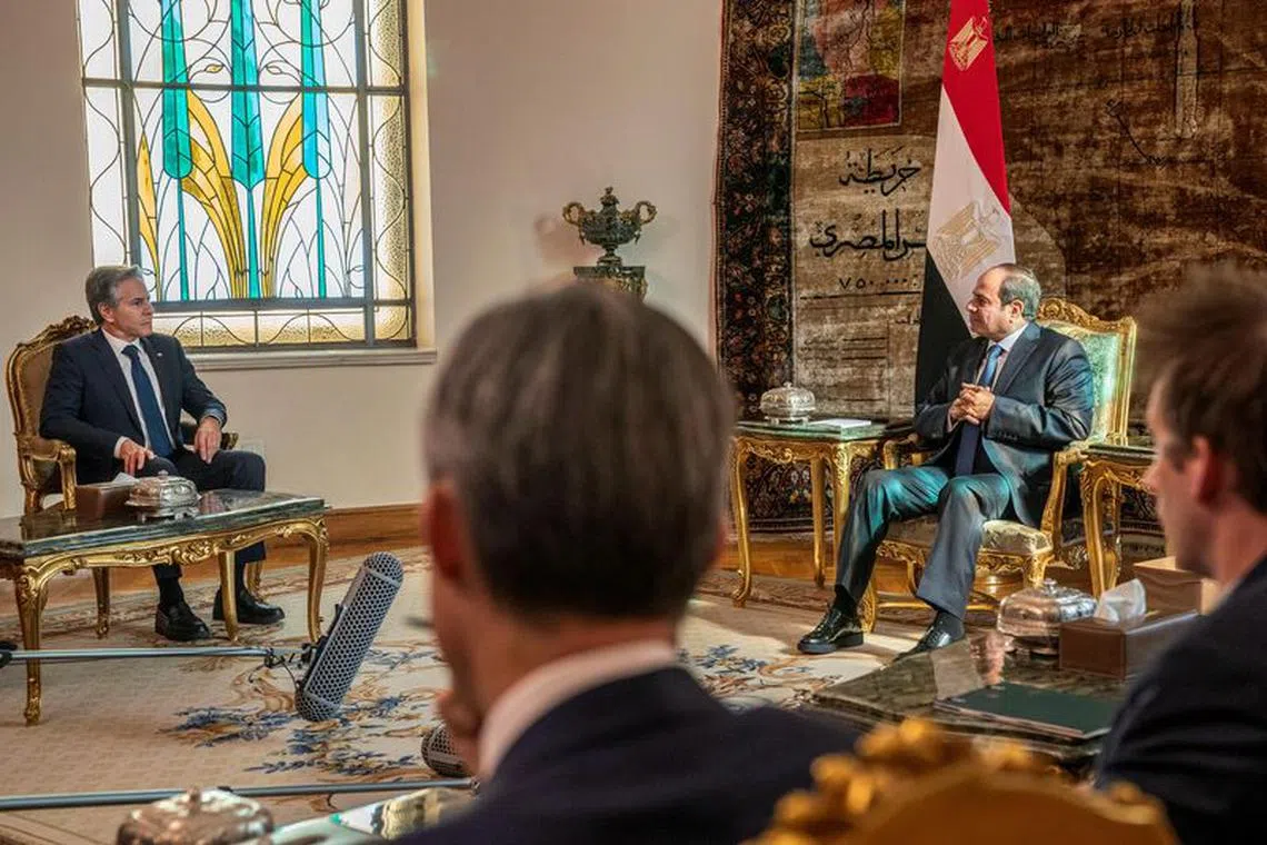 U.S. Secretary of State Antony Blinken meets with Egypt's President Abdel Fattah El-Sisi at Al-Ittihadiya Palace in Cairo, Sunday, Oct. 15, 2023.      Jacquelyn Martin/Pool via REUTERS/ File Photo