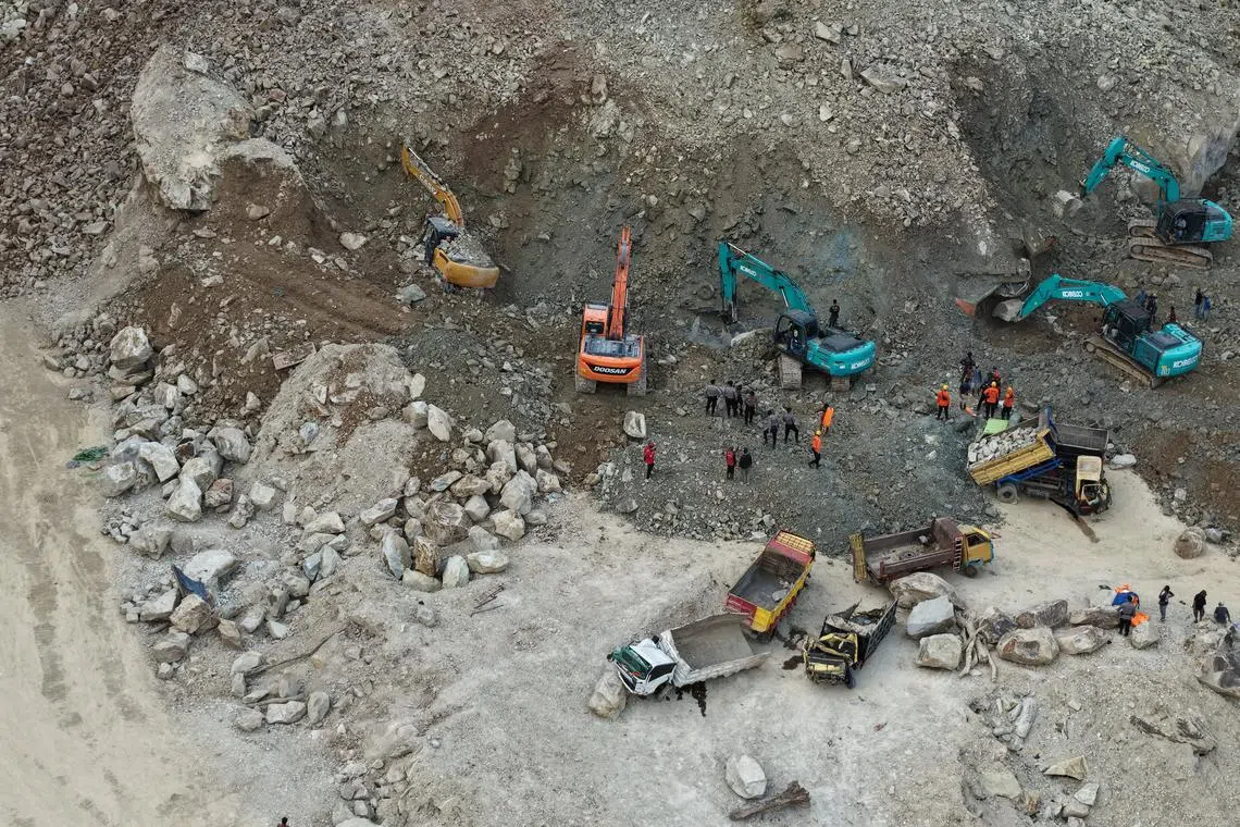 Drone view of search and rescue operations in the aftermath of rock collapse at a quarry in Cirebon, West Java Province, Indonesia May 30, 2025 in this picture obtained from social media. Andrea Ramadhan via Instagram/via REUTERS