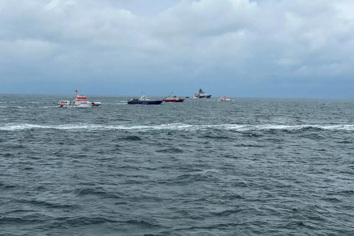 German rescue ships are seen in search for survivors following the collision of two freighter ships, the British-flagged vessel Verity and the Bahamas-flagged freighter Polesie, in the German North Sea Bight, as Germany's Central Command for Maritime Emergencies said on Tuesday, in this handout photo obtained by Reuters on October 24, 2023.  Havariekommando/Handout via REUTERS