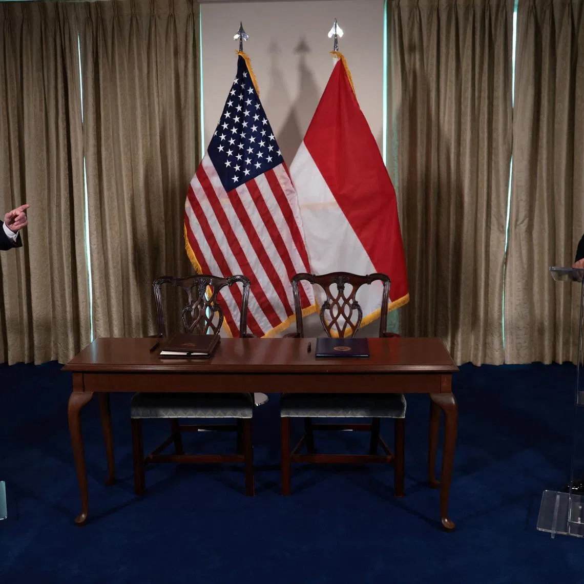 U.S. Defense Secretary Pete Hegseth (left) delivers remarks during a visit with Indonesia's Defense Minister Sjafrie Sjamsoeddin at the Pentagon on April 13.