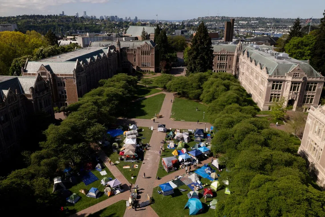 FILE PHOTO: A drone view shows demonstrators at a protest encampment in support of Palestinians, during the ongoing conflict between Israel and the Palestinian Islamist group Hamas, at the University of Washington in Seattle, Washington, U.S., May 2, 2024. REUTERS/Matt Mills McKnight/File Photo