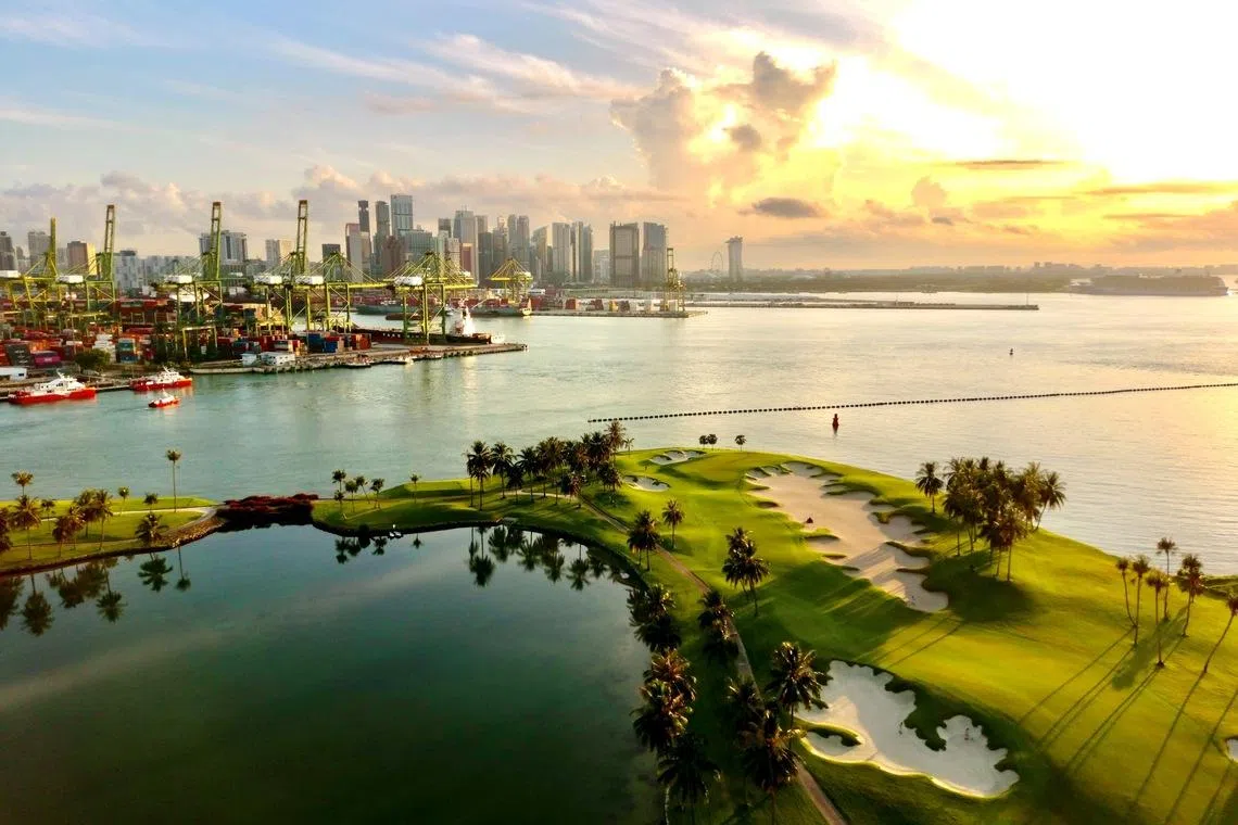 An aerial view of the fifth green of Sentosa Golf Club's award-winning Serapong course.
