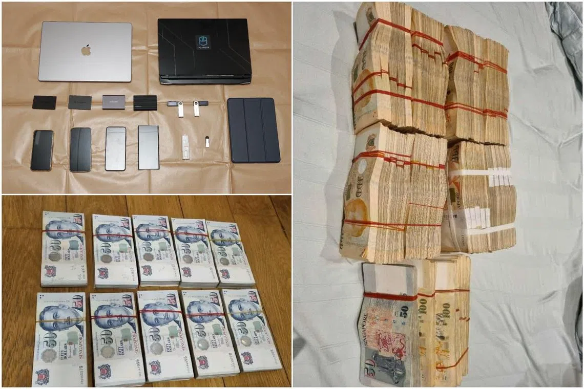 Electronic devices and cash seized from simultaneous raids at multiple locations on Sept 9 which led to the arrests of the six men.