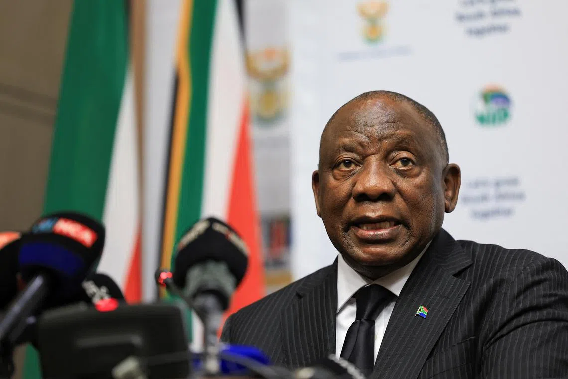FILE PHOTO: South African President Cyril Ramaphosa briefs the media on South Africa's G20 presidency for 2025 at the parliament in Cape Town, South Africa, December 3, 2024. REUTERS/Esa Alexander/File Photo