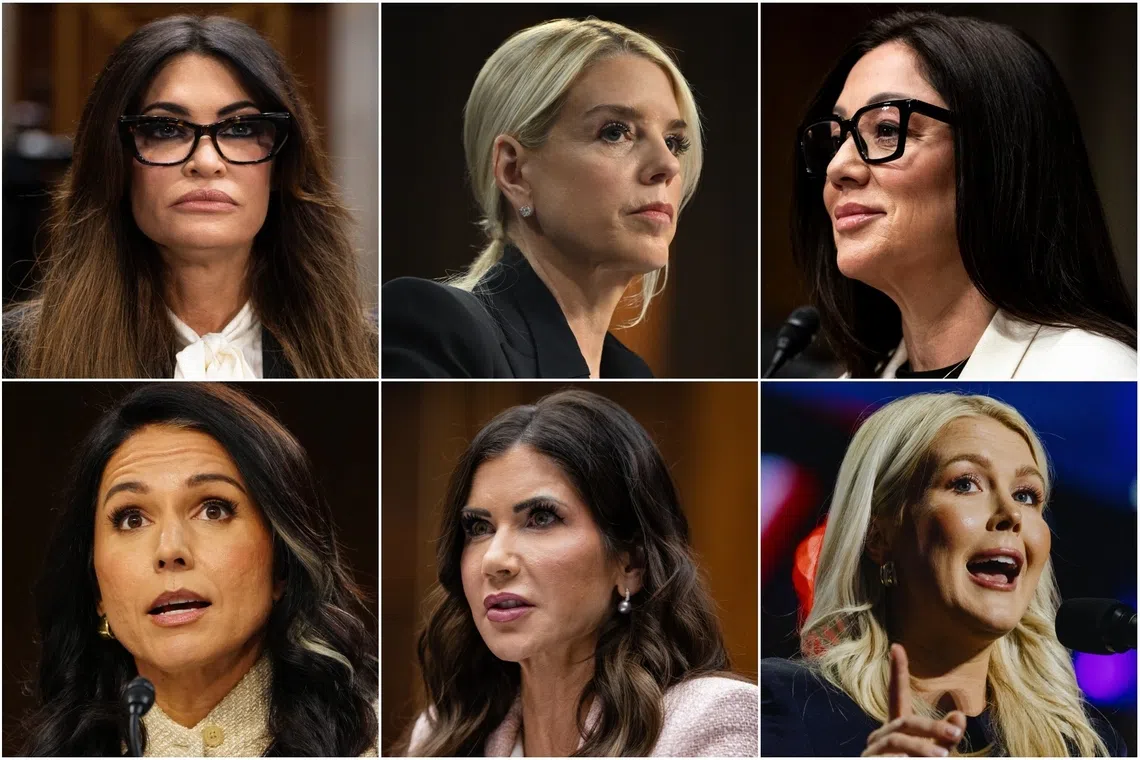 (Clockwise from top left) US ambassador to Greece Kimberly Guilfoyle; Attorney-General Pam Bondi; Labor Secretary Lori Chavez-DeRemer; former White House Press Secretary Karoline Leavitt; Homeland Security Secretary Kristi Noem; and Tulsi Gabbard, the director of national intelligence.