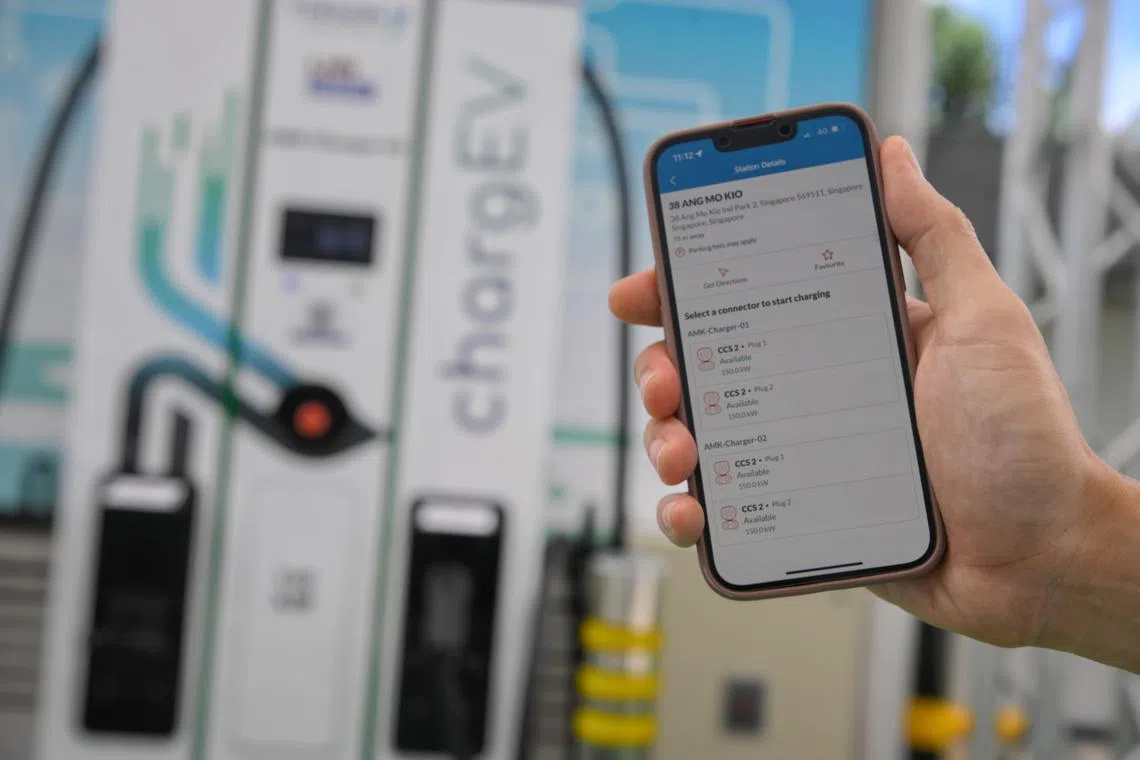 ChargEV's network of over 300 electric vehicle charging points 

A man holds up a phone showing the chargeEV app in front of a public electric vehicle (EV) charging system called chargeEV, launched by Yinson GreenTech and Yinson EV Charge Pte Ltd, is seen at 38 Ang Mo Kio Industrial Park after being officially unveiled on March 29, 2023. The app gives users access to chargeEV hubs in Singapore as well as the network of 300 charging points in Malaysia.