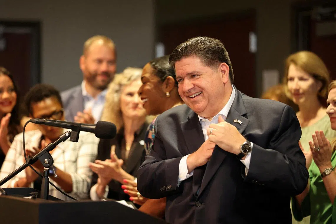 Illinois Governor JB Pritzker attends a news conference held by Texas Democratic lawmakers after leaving the state to deny Republicans the quorum needed to redraw Texas' 38 congressional districts, in Aurora, Illinois, U.S. August 5, 2025.    REUTERS/Tom Krawczyk