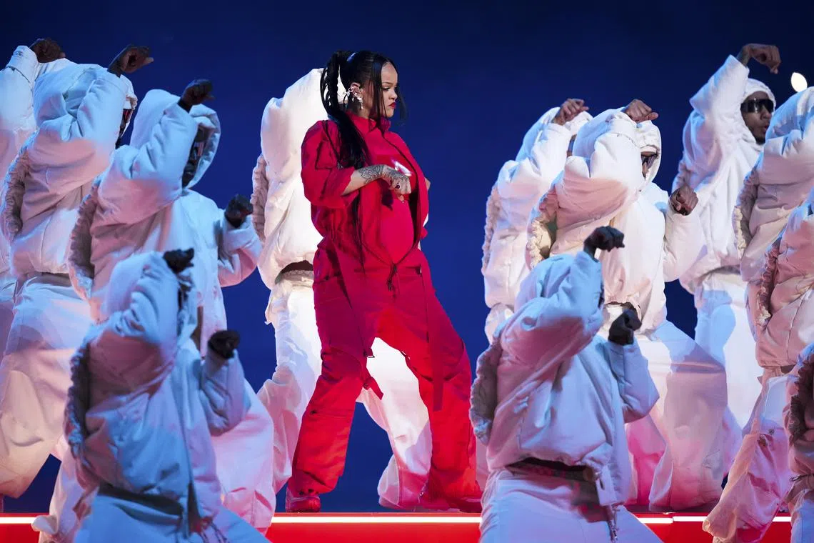 Rihanna performs during halftime of the Super Bowl LVII football game on Feb 12, 2023.