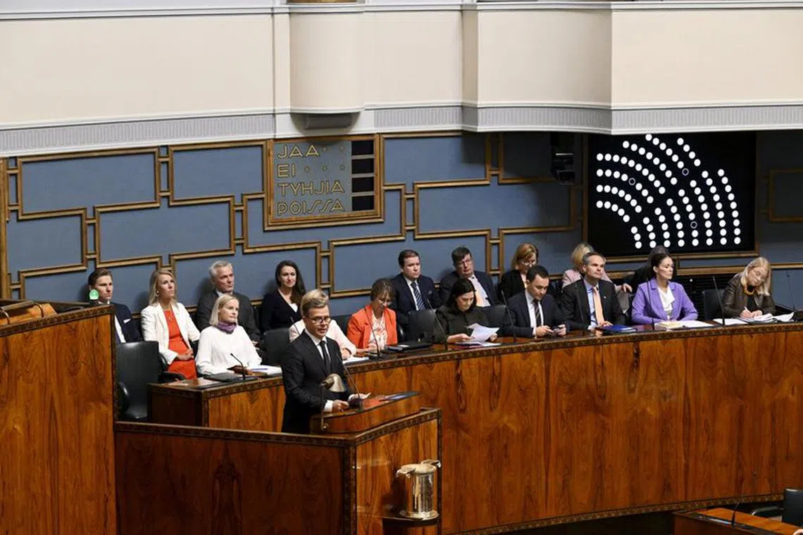 Finnish Prime Minister Petteri Orpo speaks during the session of the Finnish Parliament in Helsinki, Finland on Wednesday, 6th Sep., 2023. Finnish parliament debated of government's anti-racism policy. Lehtikuva/via REUTERS