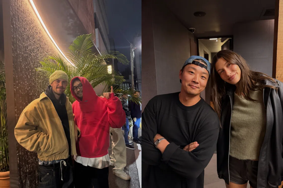 Justin (left) and Hailey Bieber (right) posing next to the chief executives of Dosan Hoikwan during their visits on Oct 24. 