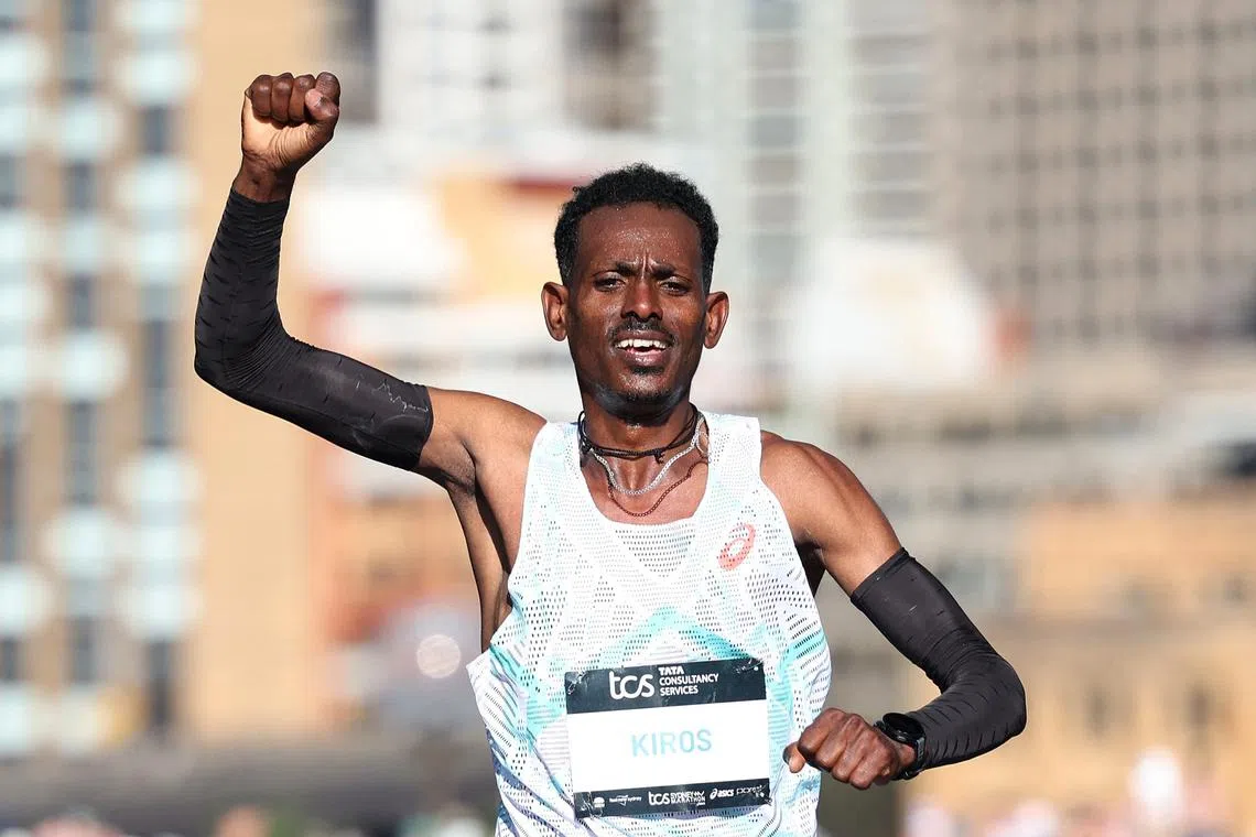 Athletics - Sydney Marathon - Sydney, Australia - August 31, 2025 Ethiopia's Hailemaryam Kiros crosses the finish line to win the Sydney Marathon REUTERS/Hollie Adams