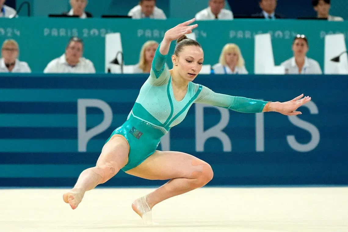FILE PHOTO: Aug 5, 2024; Paris, France; Ana Barbosu of Romania on the floor exercise on day three of the gymnastics event finals during the Paris 2024 Olympic Summer Games. Mandatory Credit: Jack Gruber-USA TODAY Sports/File Photo
