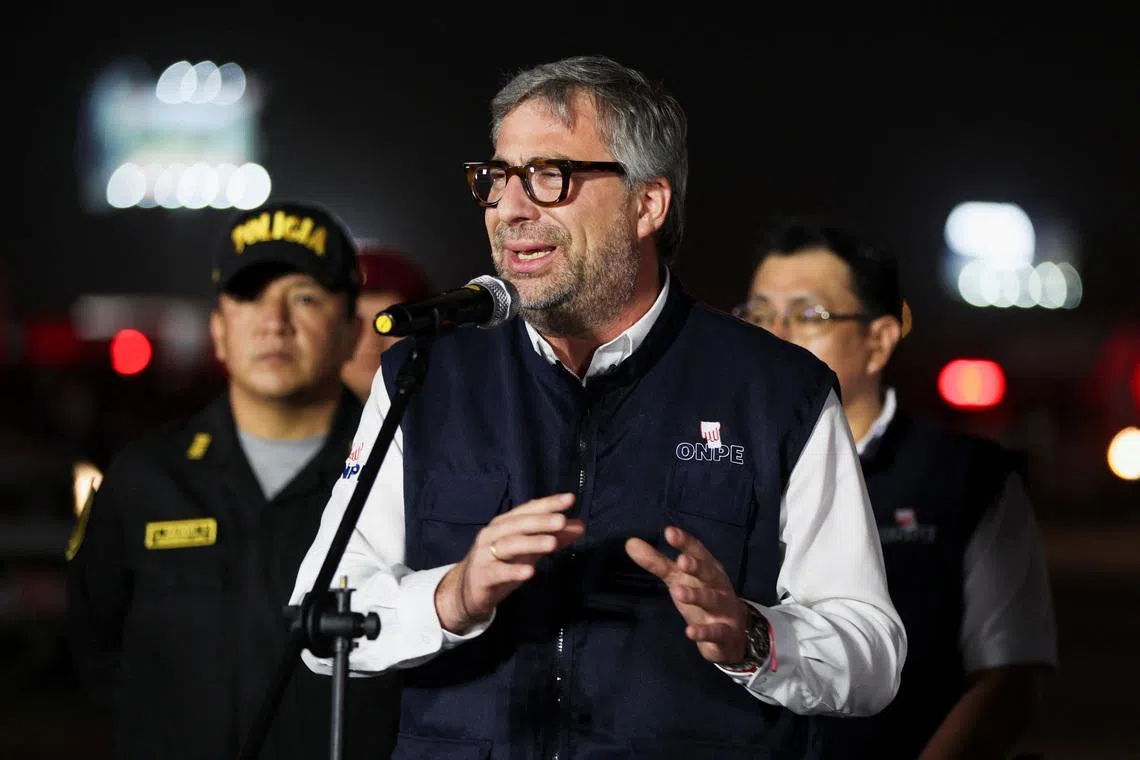 Piero Corvetto, head of the National Office of Electoral Processes (ONPE) speaks at a press conference, ahead of the April 12 general election, in Lima, Peru, April 10, 2026. REUTERS/Manuel Orbegozo